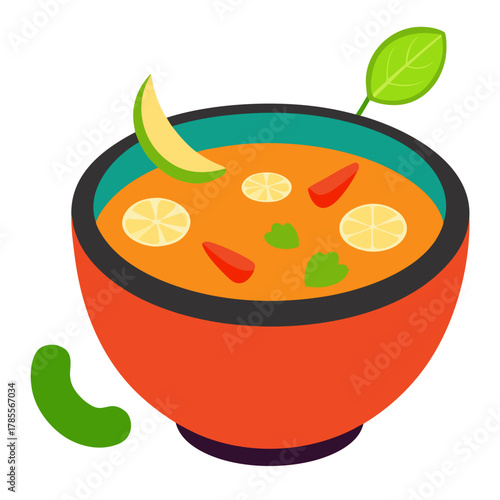Tom Yum Soup with Prawns and Lemongrass Vector Illustration 