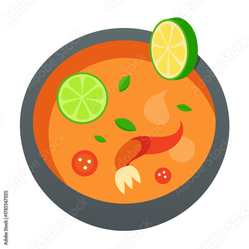 Tom Yum Soup with Prawns and Lemongrass Vector Illustration 