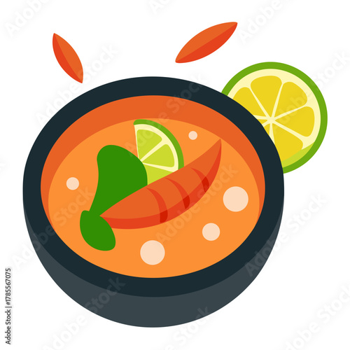 Tom Yum Soup with Prawns and Lemongrass Vector Illustration 