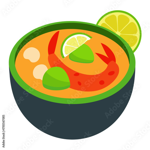 Tom Yum Soup with Prawns and Lemongrass Vector Illustration 