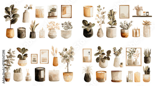 Watercolor set of indoor plants, ceramic pots, frames, candles, and decorative objects in warm neutral tones. Ideal for boho interiors, botanical design, wall art, and modern home styling.