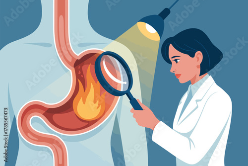 Medical professional examines a burning stomach with a magnifying glass for scientific research.