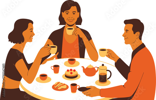 Three friends enjoy a pleasant conversation over tea and cake around a table.