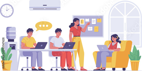 A diverse team collaborates and brainstorms ideas in a modern office setting with laptops and a bulletin board.