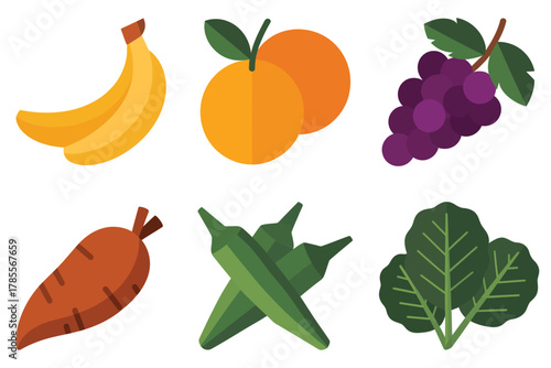 Flat vector icons for harvest fruits, featuring banana, orange, grapes, carrot, chili pepper, and leafy greens,
