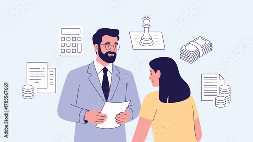 A business professional discusses financial strategy with a client, surrounded by symbolic elements of finance.