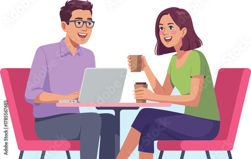 A man and woman enjoy coffee and conversation while working on a laptop at a cafe.
