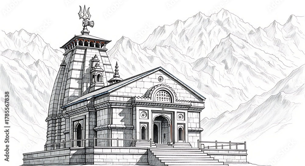 Fototapeta premium Detailed architectural drawing of a temple with mountains in the background