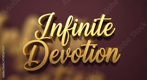 A stylish 3D gold text graphic displaying the phrase 'Infinite Devotion' on a dark, blurred background, emphasizing elegance and dedication in design