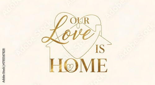 A minimalist wall art design with the phrase 'Our Love is Home' featuring elegant typography and a simple line drawing of a house, creating a warm and inviting atmosphere in a modern interior