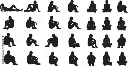 Silhouette of people sitting in various poses on a, creating a diverse collection of human figures in different positions, perfect for design