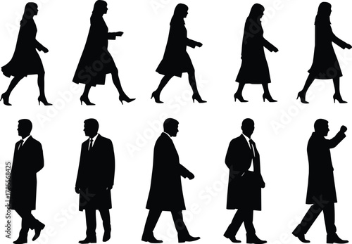 Silhouettes of men and women walking in different directions a diverse group of people on the move, captured in stark black and white