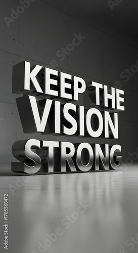Inspirational message displayed in bold 3D letters on a wall encouraging perseverance and focus with the phrase 'Keep the Vision Strong' in a modern, minimalistic environment