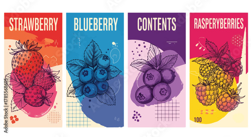 A set of four vintagestyle labels featuring handdrawn illustrations of various berries, including strawberries, blueberries, and raspberries, each with unique color schemes and textures
