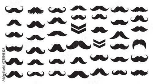 Collection of various black mustache silhouettes, showcasing diverse styles from handlebar to pencil, perfect for design elements
