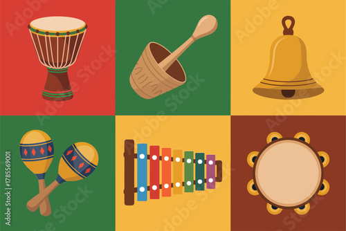 Outline color icons for festive celebration, illustrating various drums, maraca, xylophone, and traditional musical instruments,