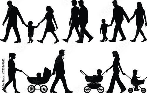 Family silhouettes walking, parents with children, baby strollers, family outing, parenting illustration, family life concept, childhood, parenthood, togetherness