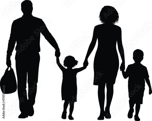 Family silhouettes walking, parents holding children’s hands, family unity, parenting love, togetherness, childhood moments, happy family, family lifestyle, parenthood illustration