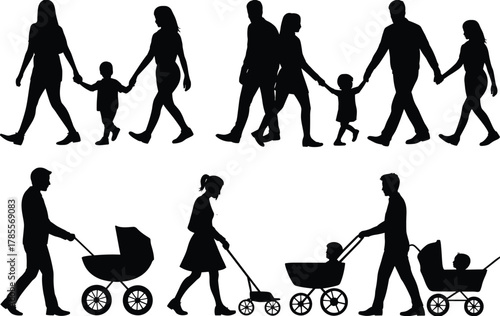 Family silhouettes walking, parents with children, baby strollers, family outing, parenting illustration, family life concept, childhood, parenthood, togetherness