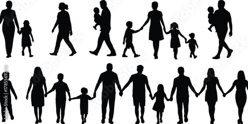 Family silhouettes, parents and children, walking together, family unity, love and connection, black and white family art, parenting illustration, togetherness