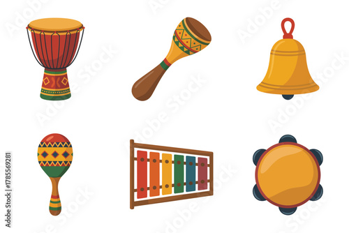 Detailed flat vector icons for African rhythms, showing drum, bell, maraca, xylophone, and festive musical instruments,