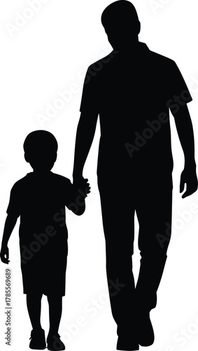 Father and son silhouette, walking together holding hands, parenting love, family bond, fatherhood, parent child connection, black and white art