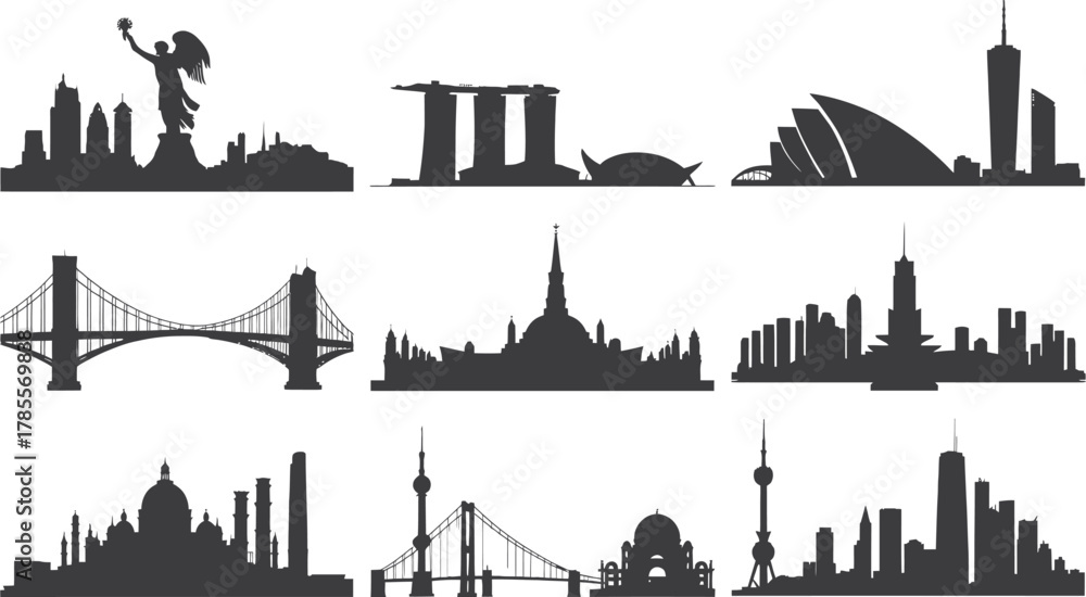 Obraz premium Architectural Cityscape Silhouette Landmarks Travel Destination Black and White Vector Illustration