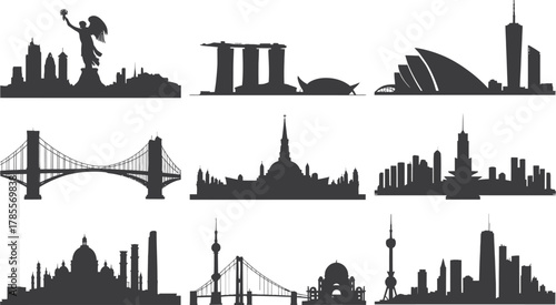 Architectural Cityscape Silhouette Landmarks Travel Destination Black and White Vector Illustration