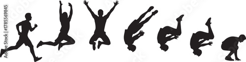 Silhouette sequence of a man performing a front flip, showcasing the dynamic movement and athleticism involved