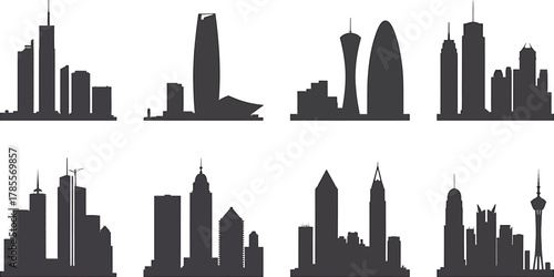 Assorted Urban Skyline Silhouettes Variety of City Views Vector Design