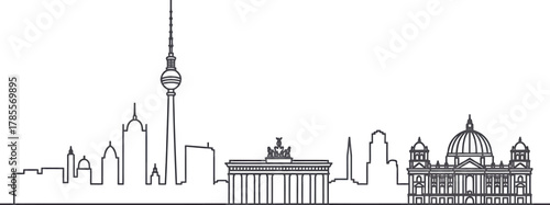 Berlin Skyline Outline Silhouette with TV Tower and Brandenburg Gate Vector Illustration