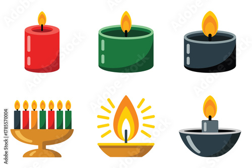 Outline color icons for festive illumination, illustrating menorah, candles, lantern, and various decorative light elements,