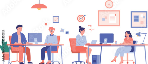 Flat design illustration of modern office interior with business people working at computers, teamwork, productivity, collaboration, corporate workplace concept