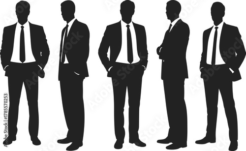 Group of businessmen silhouettes standing in suits, corporate professionals in formal poses, black and white illustration on white background