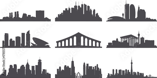 Dark Cityscape Silhouette Architecture Landmark Building Tower Structure Vector Art