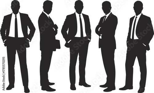 Group of businessmen silhouettes standing in suits, corporate professionals in formal poses, black and white illustration on white background