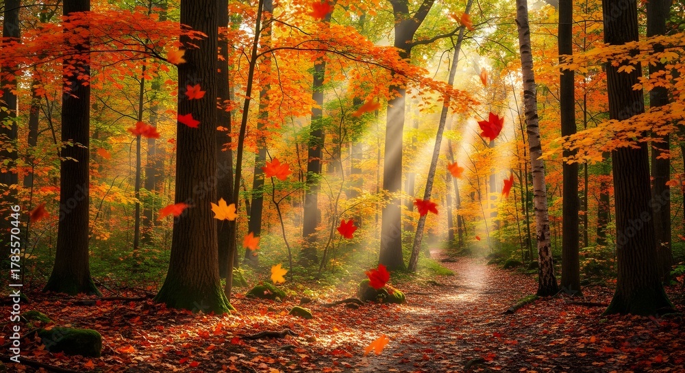 Fototapeta premium A sun-drenched forest path in autumn, with vibrant leaves falling from trees onto the ground, creating a magical and serene atmosphere