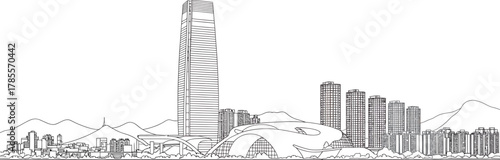 Hong Kong Skyline Line Art Panorama Illustration Modern Cityscape Urban Scenery