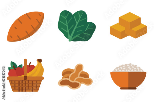 Detailed flat vector icons for ceremonial dining, showing Seder plate, matzah, bitter herbs, and essential religious food,