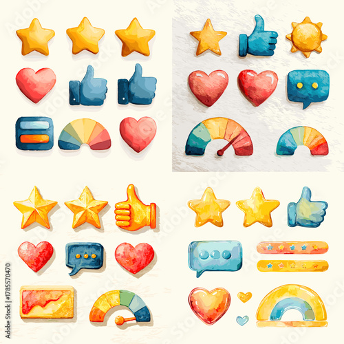 Watercolor illustration of colorful rating icons such as stars, hearts, likes, and chat bubbles, perfect for digital communication, feedback, and online interaction themes.