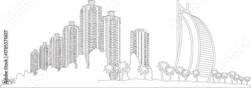 Minimalist Vector Sketch of Dubai Skyline in United Arab Emirates with Palm Tree Elements