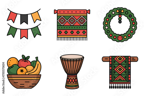 Outline color icons for festive holiday, illustrating mask, grogger, scroll, hamantaschen, and various ceremonial elements,