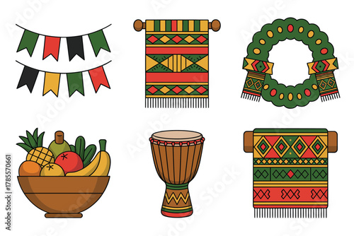 Detailed flat vector icons for festive costume, showing mask, grogger, scroll, hamantaschen, and decorative holiday symbols,