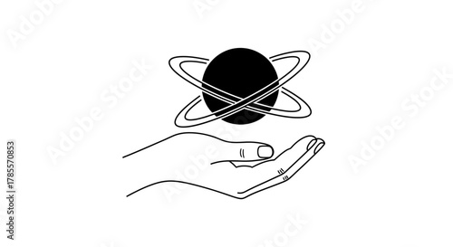 A minimalist line drawing of a hand gently holding a planet with rings above it.