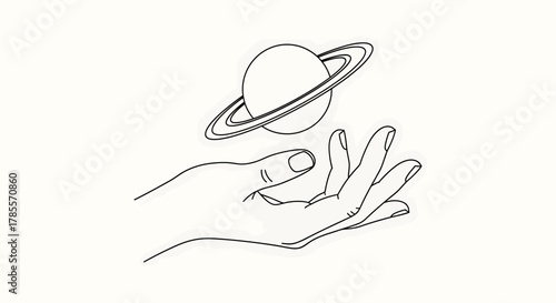 A minimalist line drawing of a hand gently holding the planet Saturn above it.