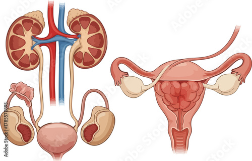 Anatomical illustration of the female reproductive system and urinary tract, depicting organs potentially affected by cancer