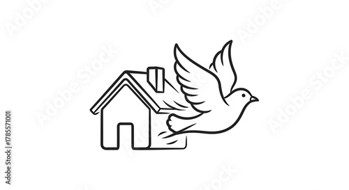 Line art drawing of a dove flying away from a simple house outline, symbolizing peace and freedom.