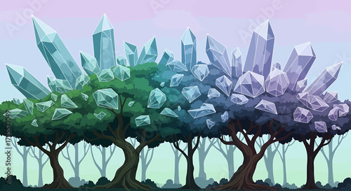 Two fantasy trees with vibrant green and purple crystal leaves in a mystical forest landscape.