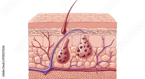 Microscopic View of Skin Cancer and its Anatomy, Illustrating Cells, Blood Vessels, and Hair Follicles