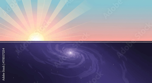 A stylized depiction of a sunrise over a swirling galaxy, representing the duality of day and night, or the cosmic and terrestrial.